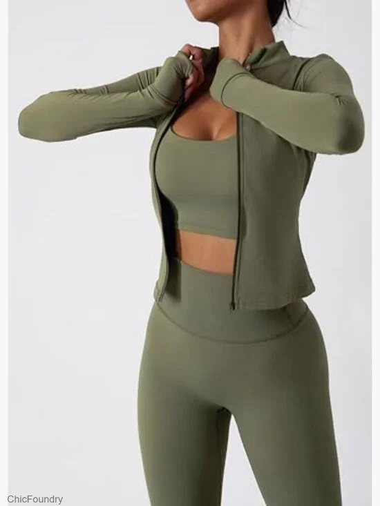 Long Sleeve Zipper Jacket with High Waist Leggings Workout Set - Picture 2 of 7